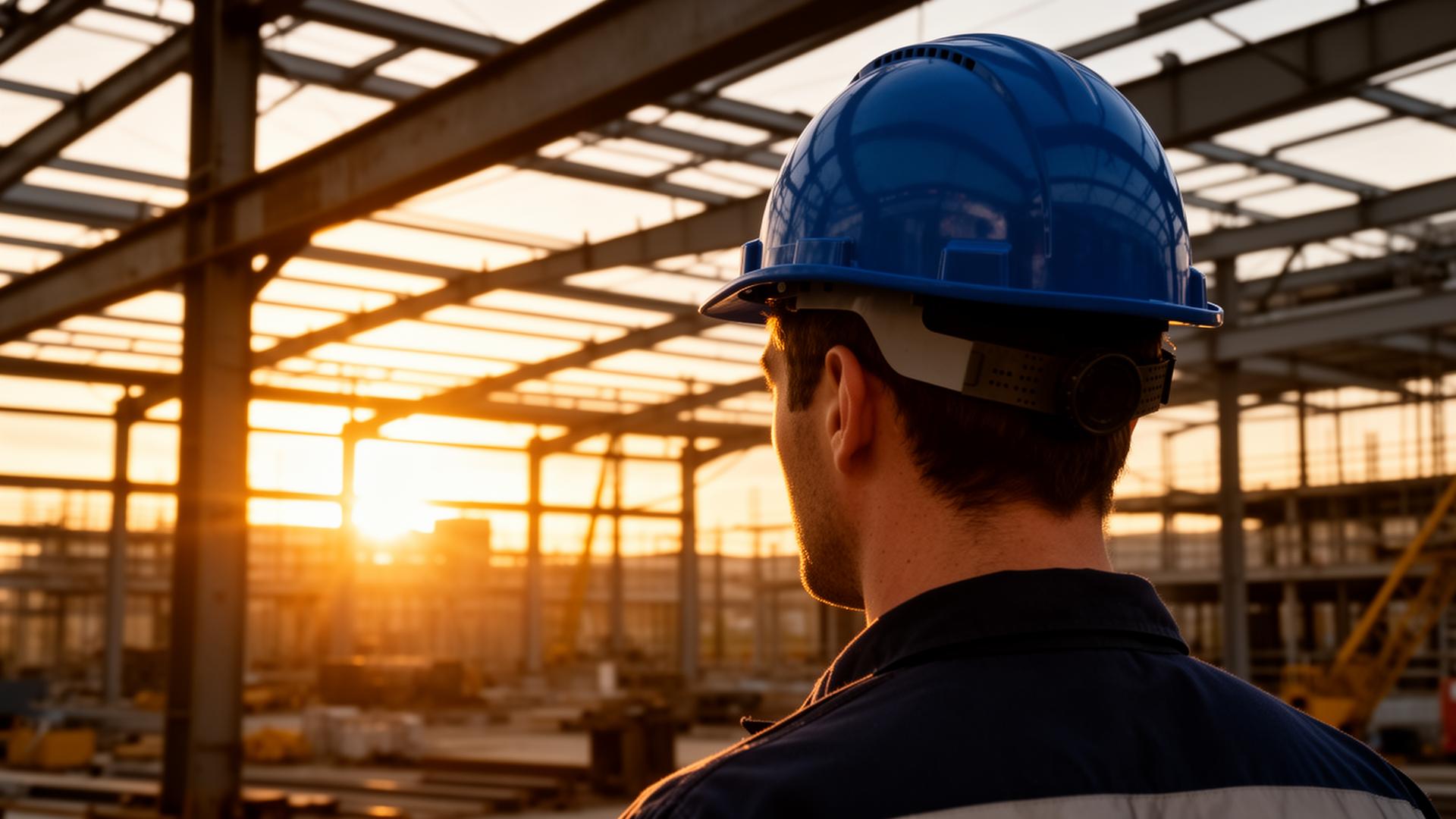 Industrial worker wearing a BluePeak safety helmet on a construction site